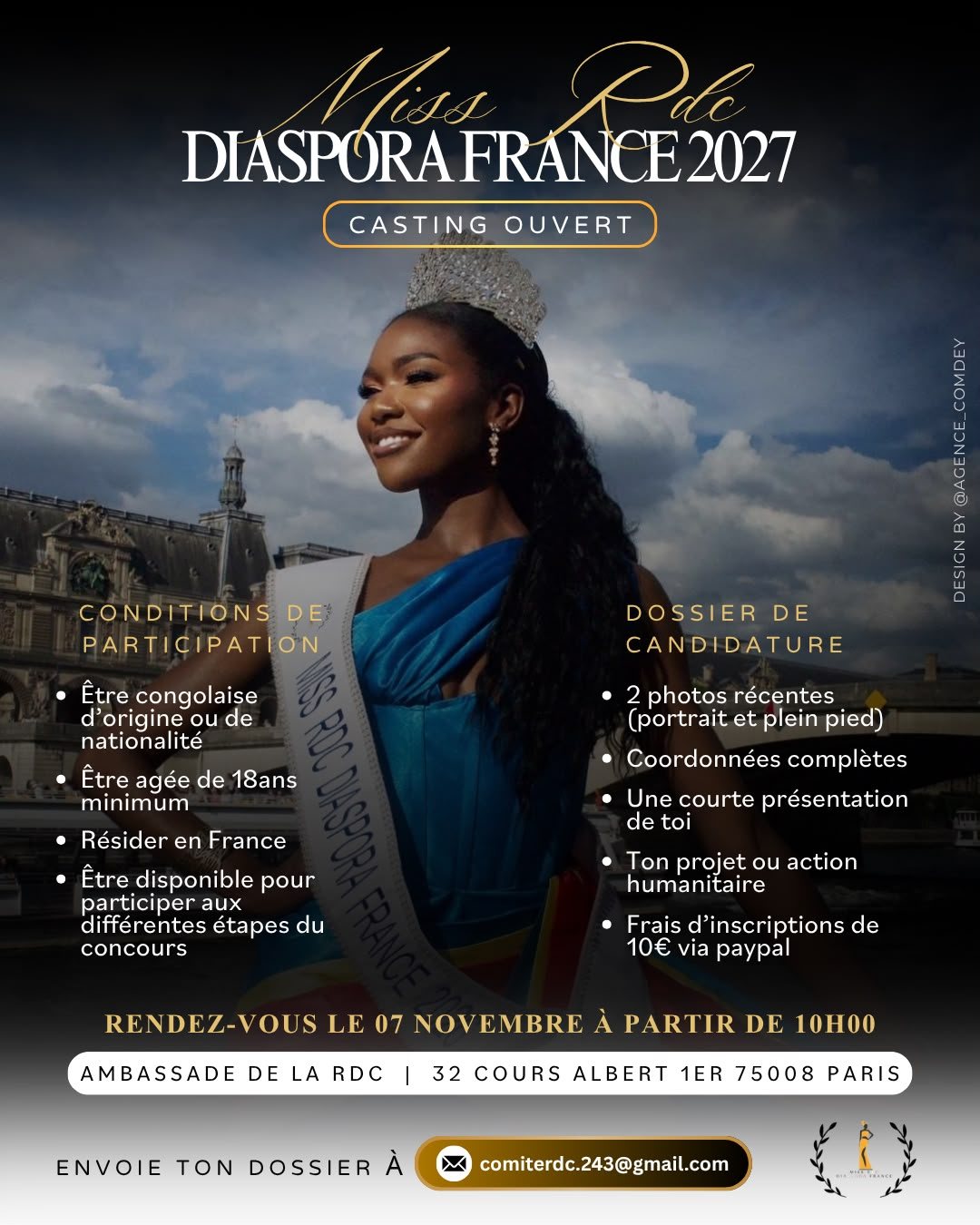 Affiche du casting Miss RDC Diaspora France 2027 : conditions, dossier, rendez-vous le 7 novembre à l'ambassade de la RDC